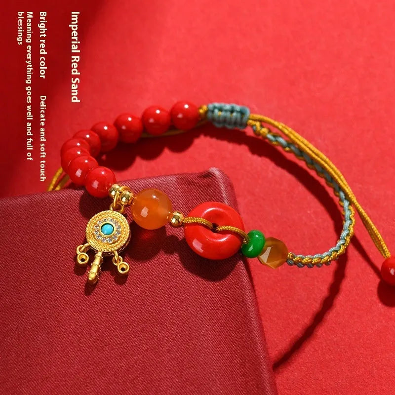 Cinnabar peace blessing buckle bracelet hand-woven geometric design emperor red sand women's