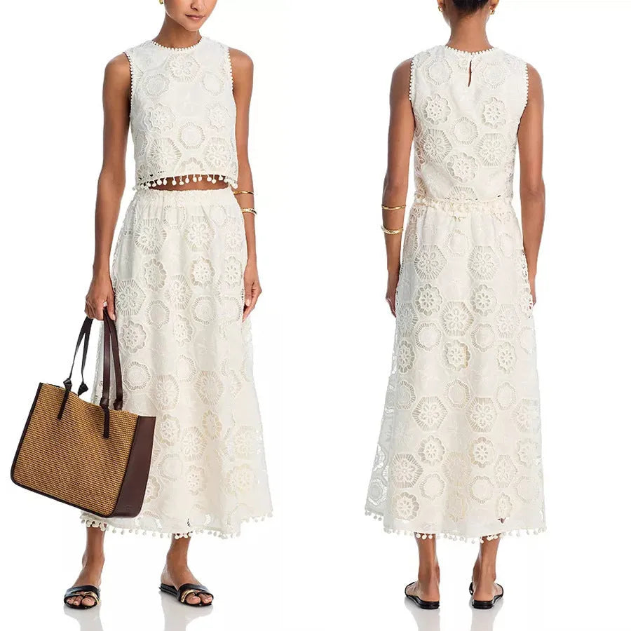 White women's retro style suit set with embroidery, featuring a sleeveless top and a long skirt.