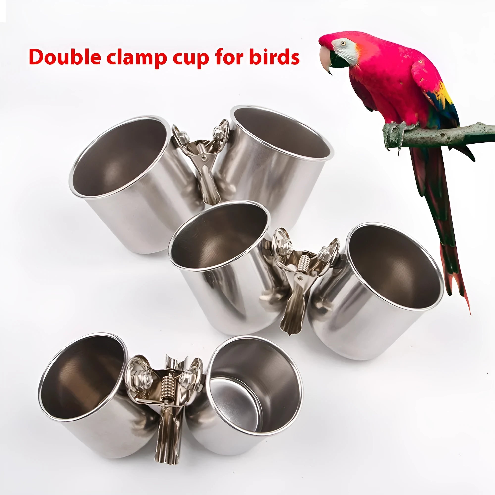 Stainless steel birdcage food container outdoor feeder in natural colour.