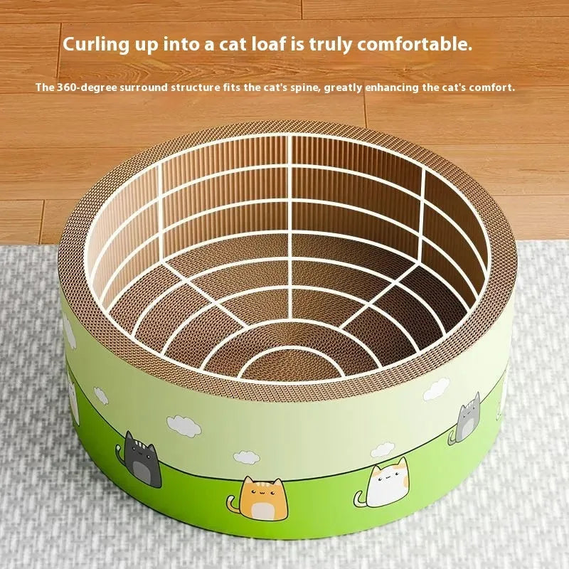 Large round cat scratch board with deepening pit design made from corrugated paper