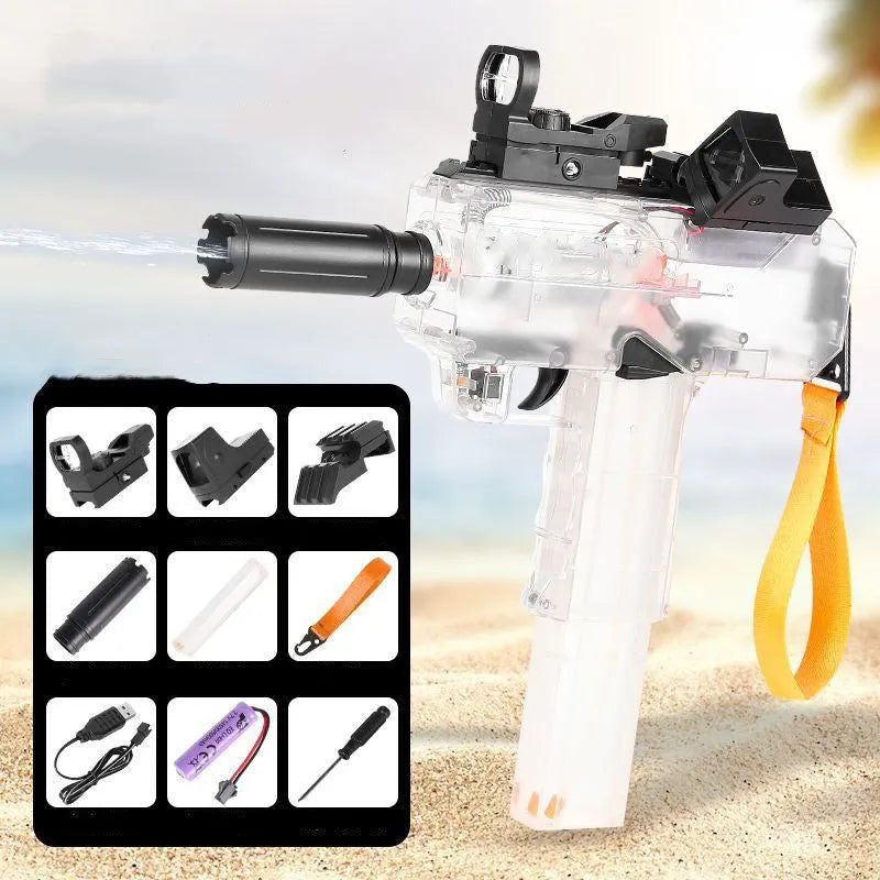Uzi electric burst water gun in blue with transparent shell, 35ft range, rechargeable battery