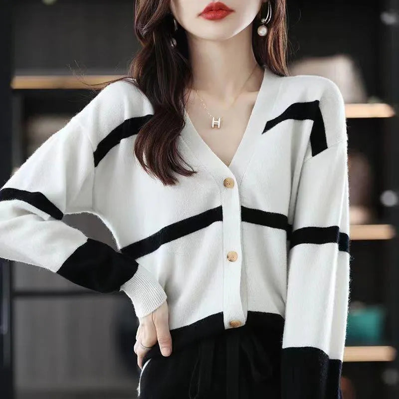 Women's slim fit striped knitted cardigan with V-neck and 3D pattern, shown in multiple colours.