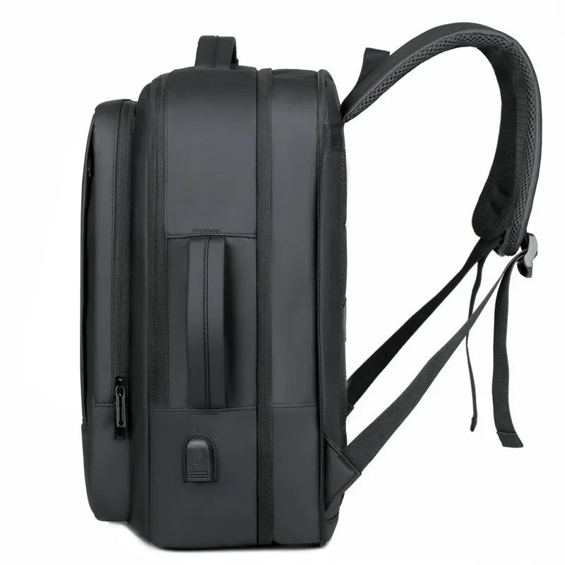 Waterproof black Oxford cloth business backpack with curved shoulder straps and 20-35L capacity
