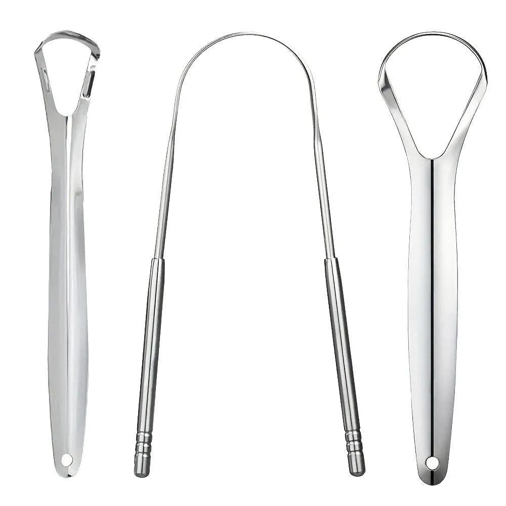 Stainless steel tongue coating cleaner set with two U-shaped scrapers in pearlescent bags