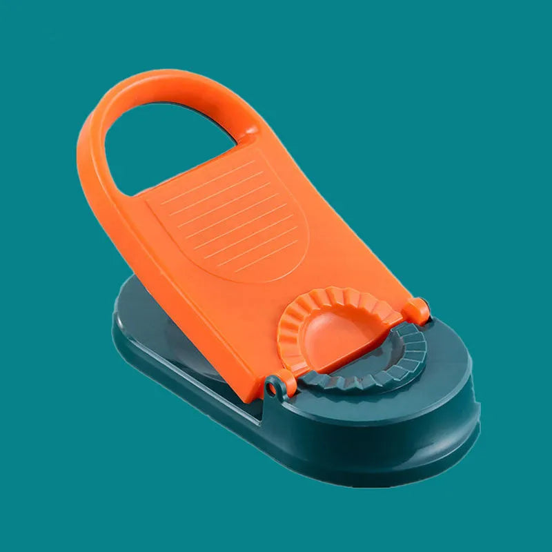 2-in-1 plastic dumpling dough press maker in orange and white, with ergonomic handle and hanging hole for storage