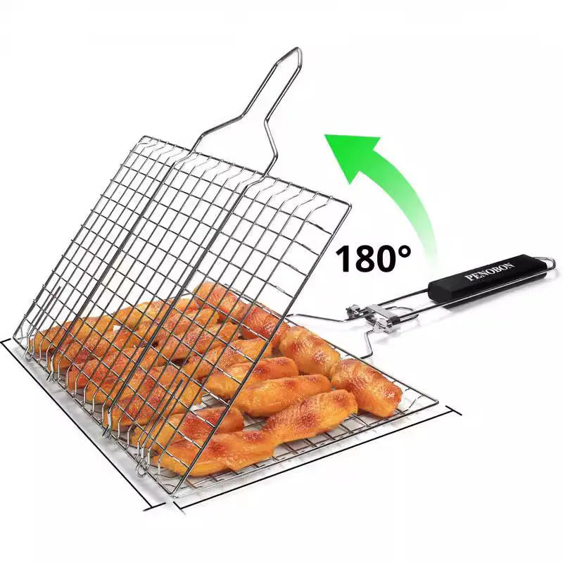 Square stainless steel barbecue mesh basket in a folded position next to a cleaning brush.