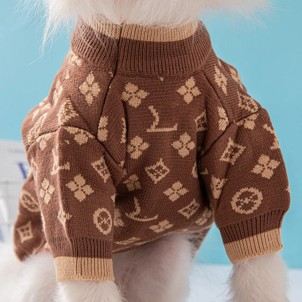 Wool knit dog sweater in winter colours showing thick knit construction and full-body coverage design