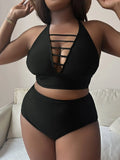 Plus size halter bikini with adjustable cross straps and high waist briefs in solid colour