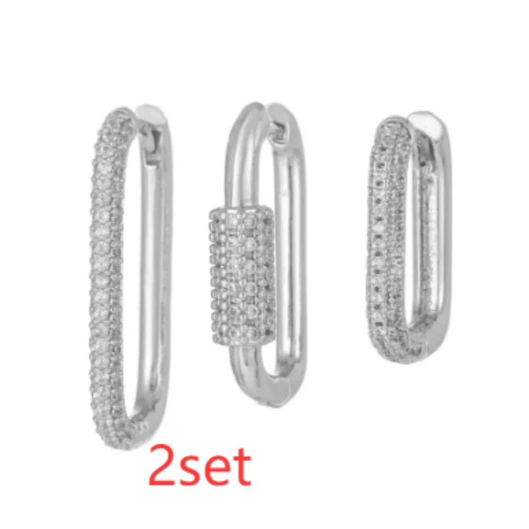 Three geometric ear clips with square design and micro inlaid zircon detailing in gold or white colour options