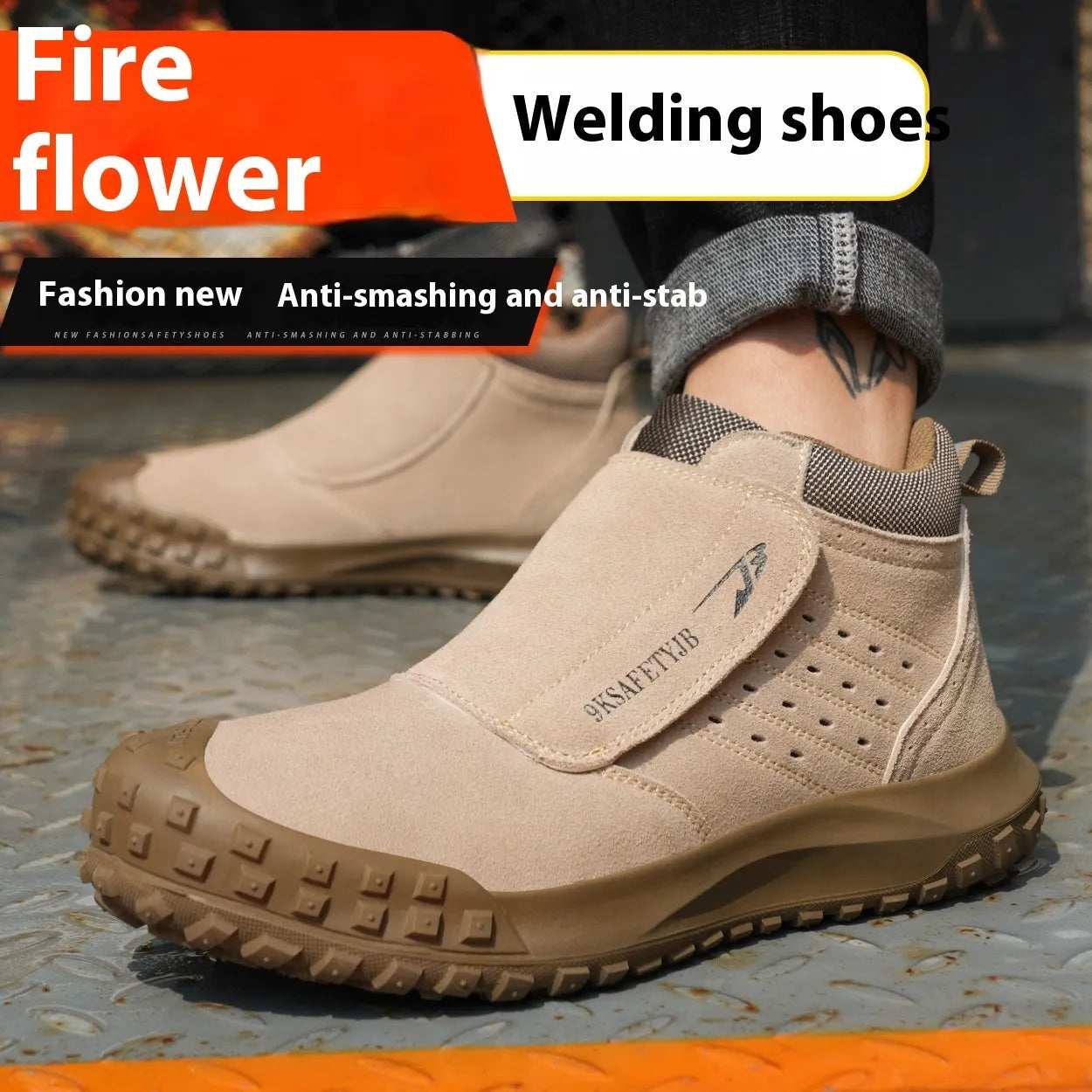 Four Seasons lightweight welder safety shoes in sand colour with steel toe cap and mid-top PU leather upper