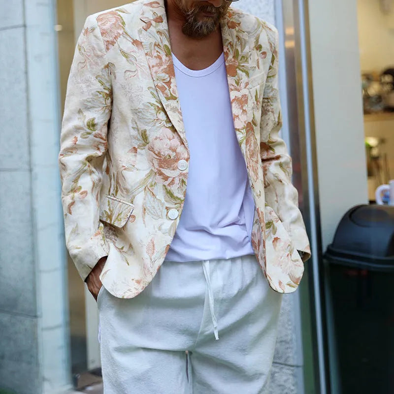 White casual printing suit top for men with long sleeves, polyester fabric, Asian sizing S-XXXL