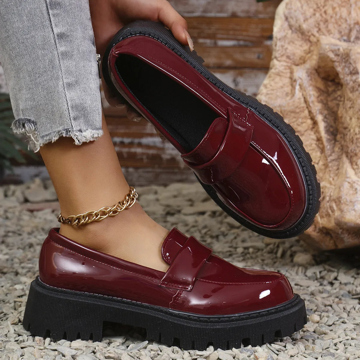 Plus size slip-on loafers with chunky heel in black, green, or wine red