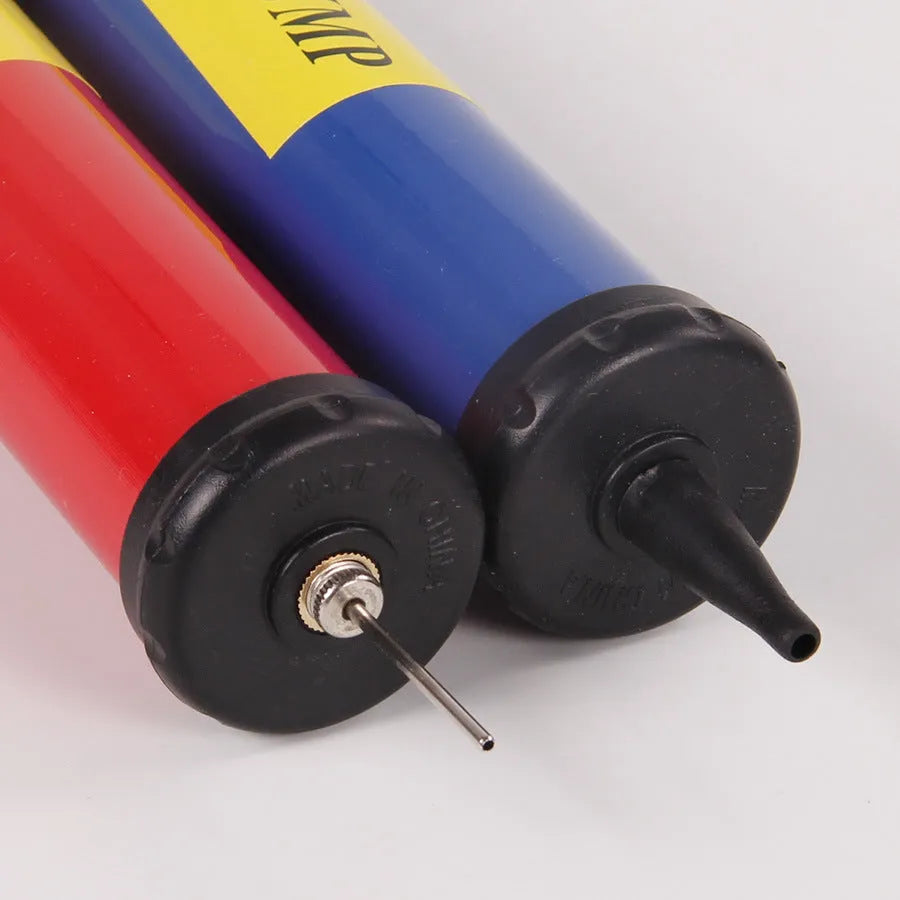 Plastic manual hand pump with nozzle adaptors for inflating sports balls and balloons.