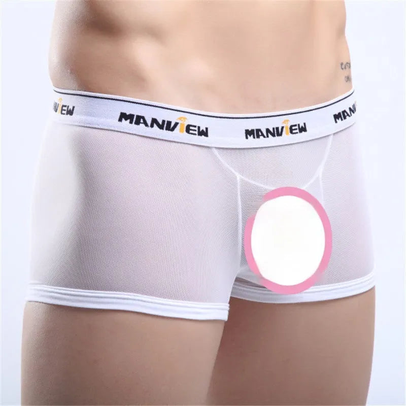 Breathable mesh boxer men's underwear in solid colour on white background.