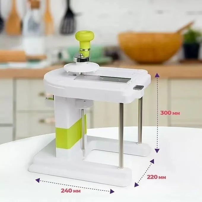 Beige household vegetable slicer chopper with stainless steel blades for shredding potatoes.