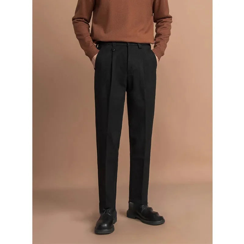 Men's straight leg suit trousers in draped fit, shown in dark grey colour.