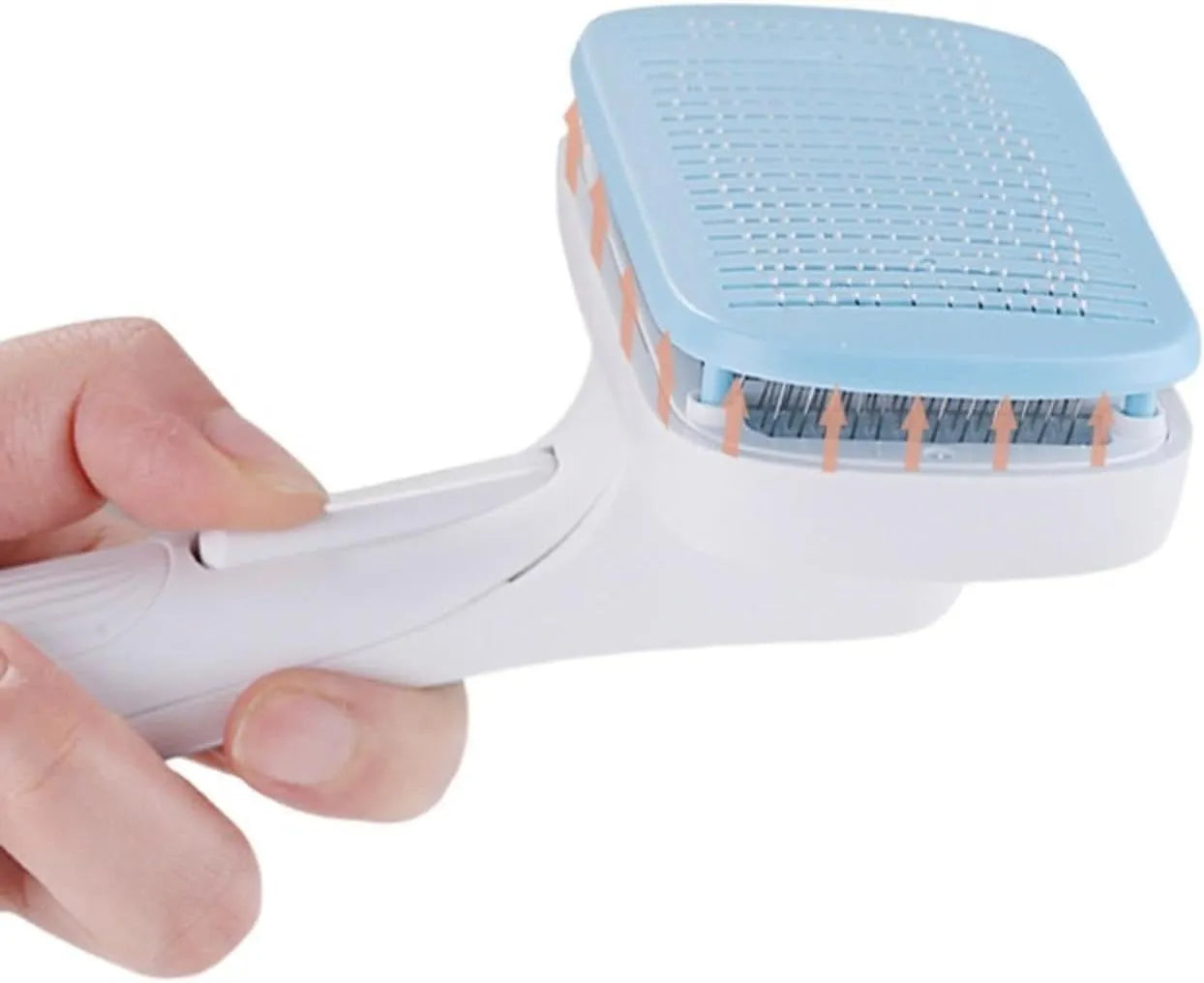 Automatic pet hair removal comb for dogs and cats in blue colour showing one-click button