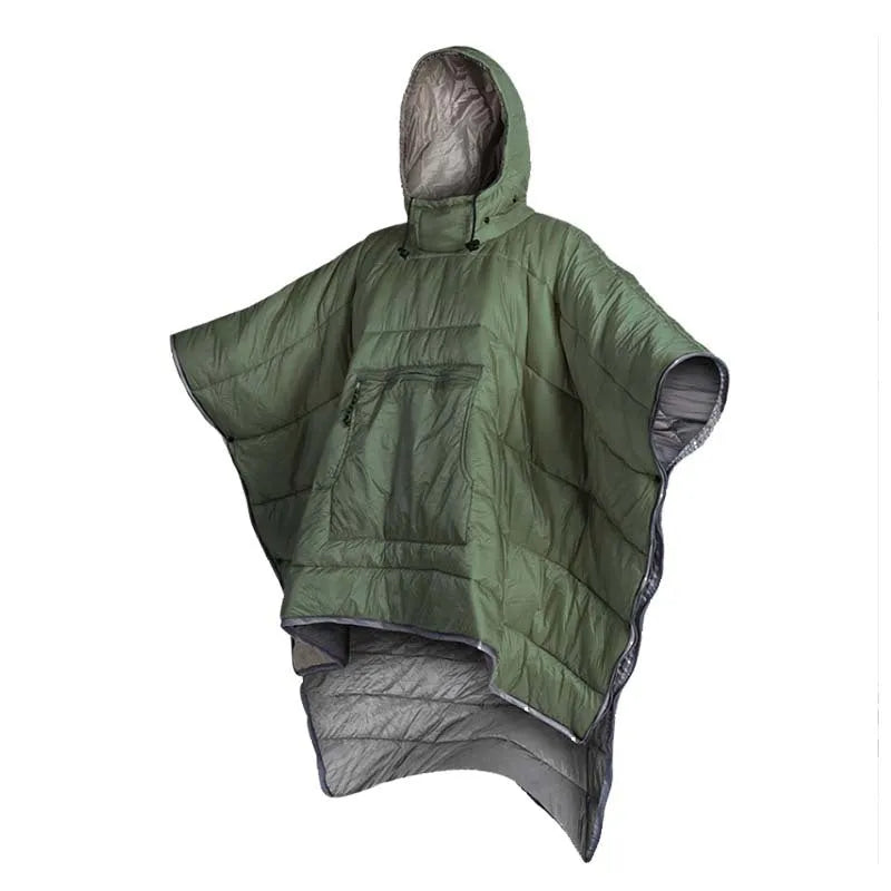Army Green outdoor cloak sleeping bag worn as a cape, showing its 200cm length and nylon fabric.