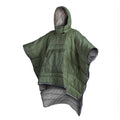 Army Green outdoor cloak sleeping bag worn as a cape, showing its 200cm length and nylon fabric.