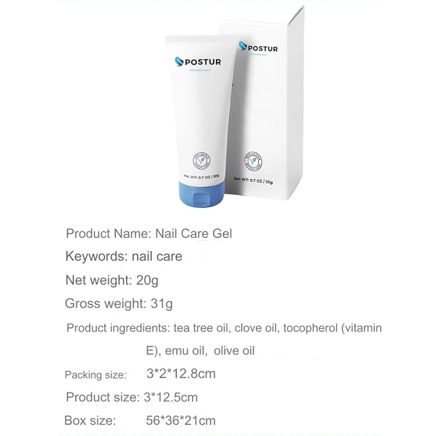 20g nail gel care product with applicator tool in compact 3x2x12.8cm packaging