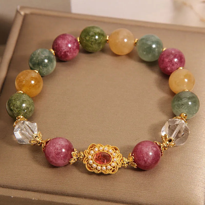 Jade colour tourmaline bracelet for women with alloy inlaid artificial gem and rhinestone details on pearl crystal base