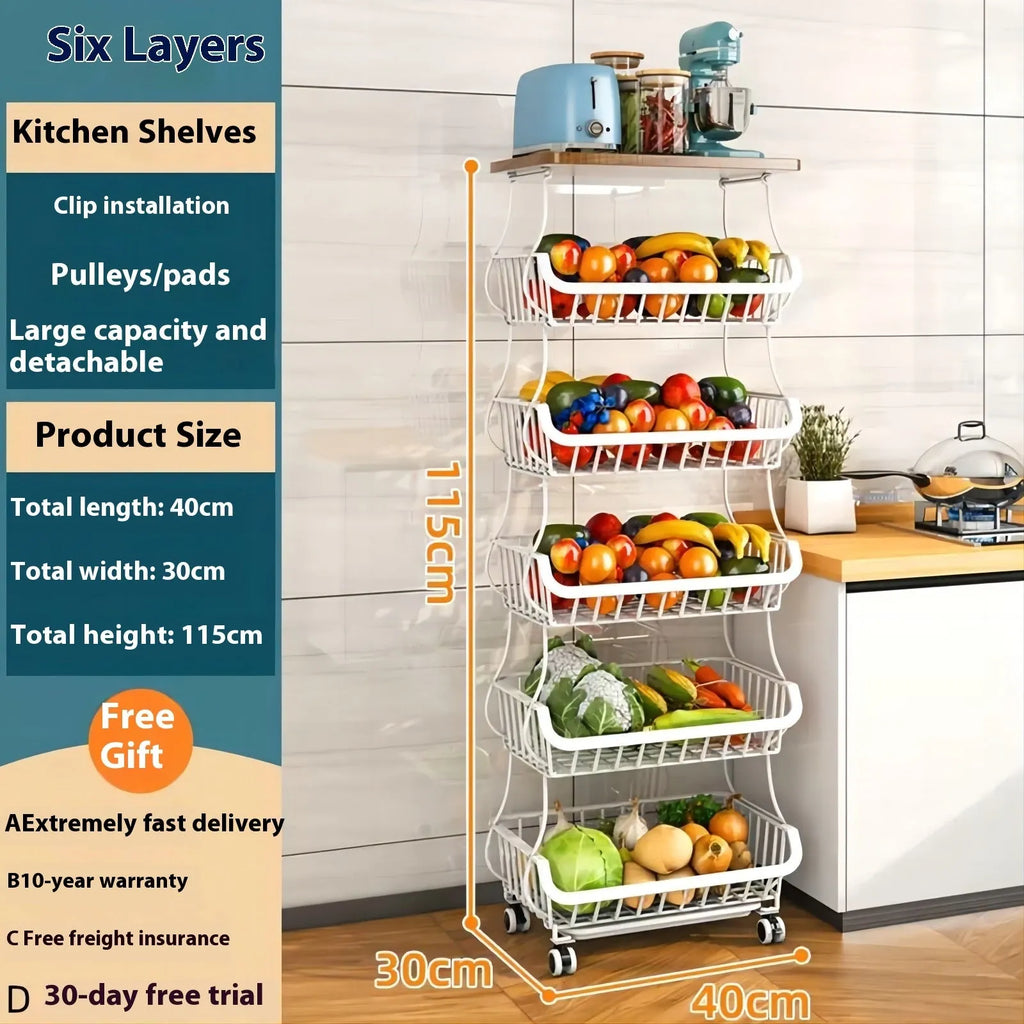 Black six-layer freestanding kitchen storage trolley with carbon steel frame