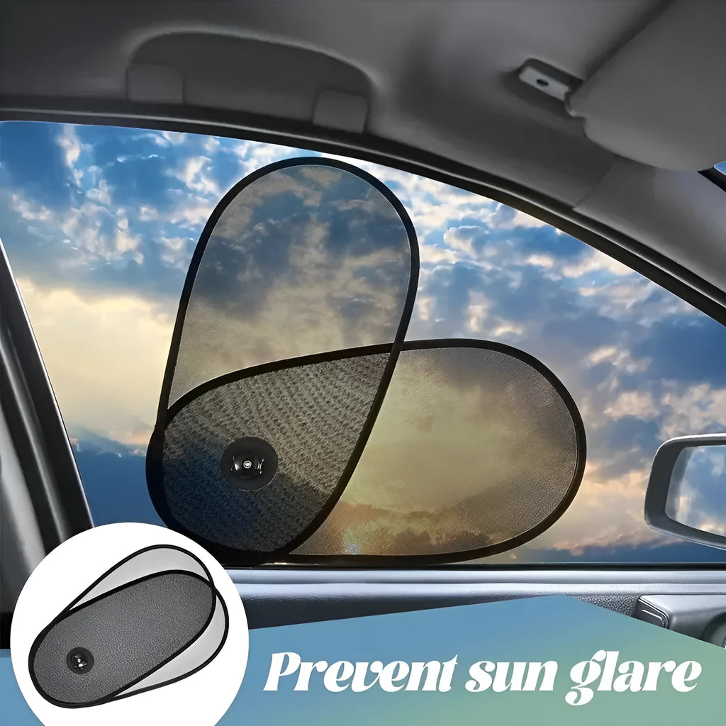 Black stretchy car window shade for baby with suction cups attached to a car side window