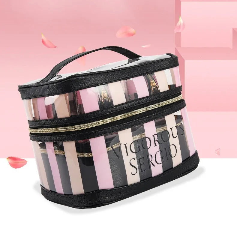 Pink bold stripe floral pattern waterproof synthetic leather makeup buggy bag folded