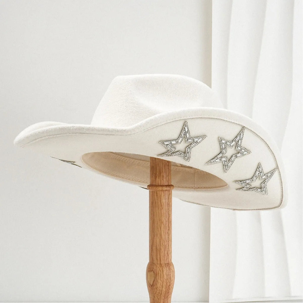 Woolen felt western denim top hat with conical crown and hexagonal star detail in M size 56-58cm.