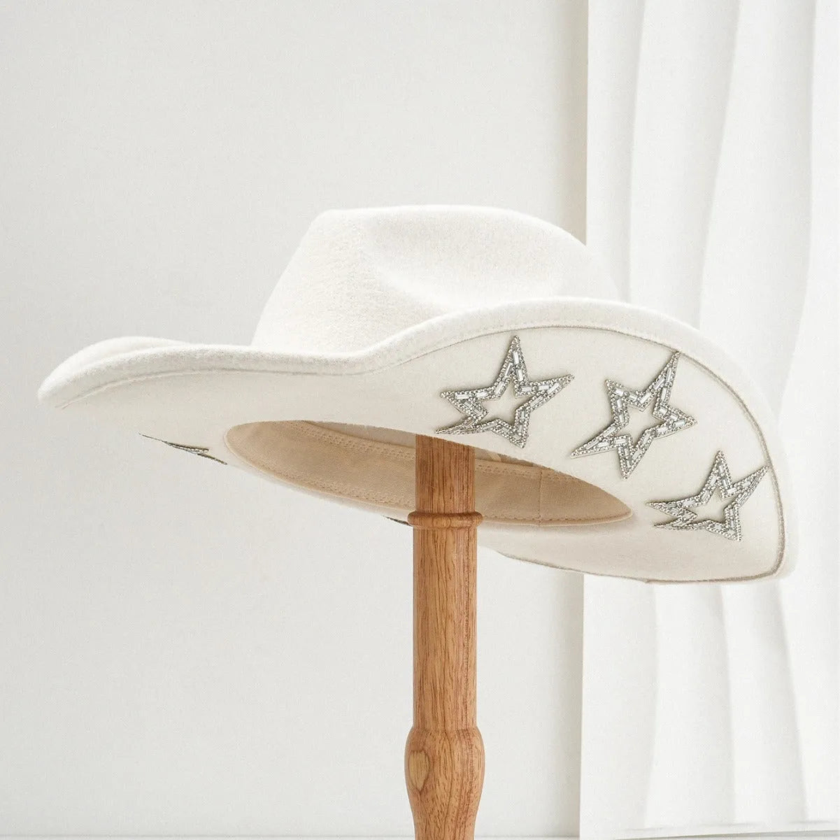 Woolen felt western denim top hat with conical crown and hexagonal star detail in M size 56-58cm.