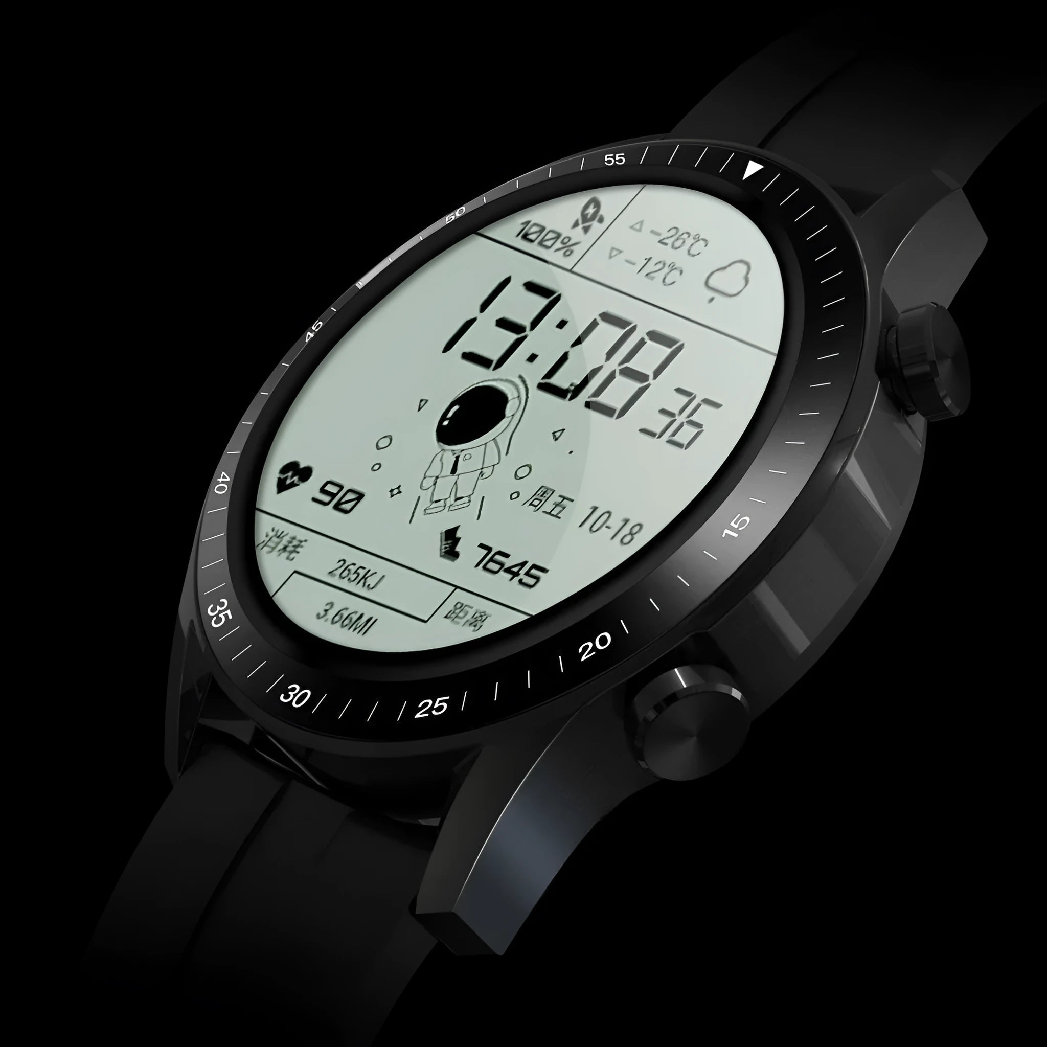 Round smart watch with aluminium alloy shell and TFT screen in black colour option