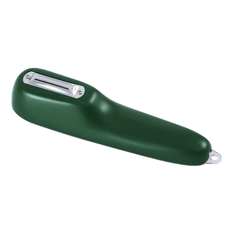 Storage type peeling knife with tube, stainless steel blade, non-slip plastic handle, 20 x 4.8cm, dark green and light green colours
