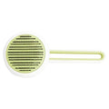 Pet grooming comb with stainless steel teeth, automatic massage, and one-button hair release in blue green and pink