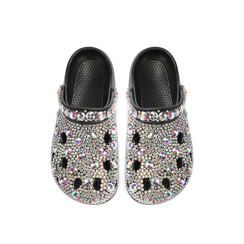 Black platform casual sandals for women with rhinestone details and hole shoe design