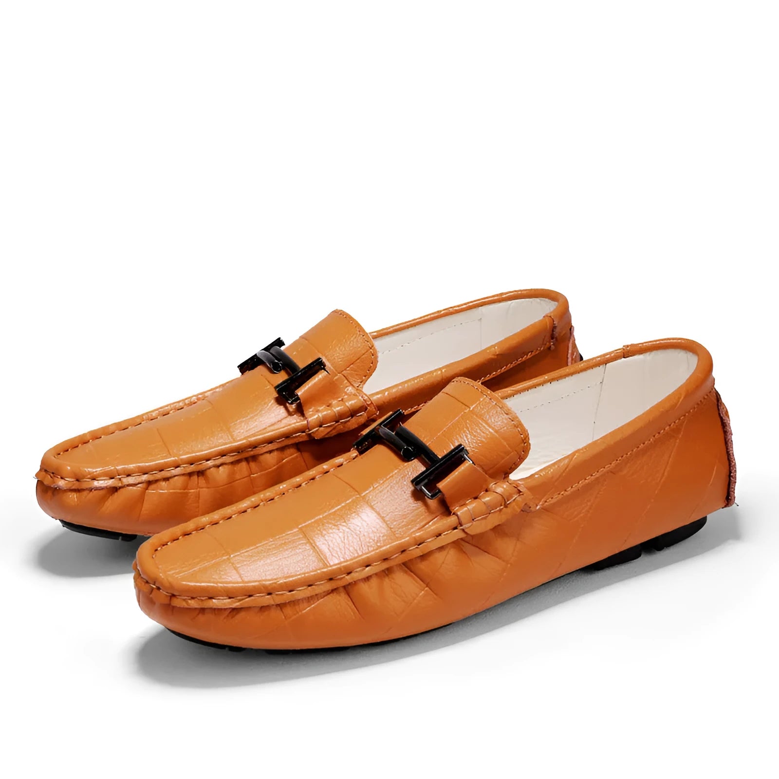 Men's black casual leather shoes with belt buckle detail and flat rubber sole