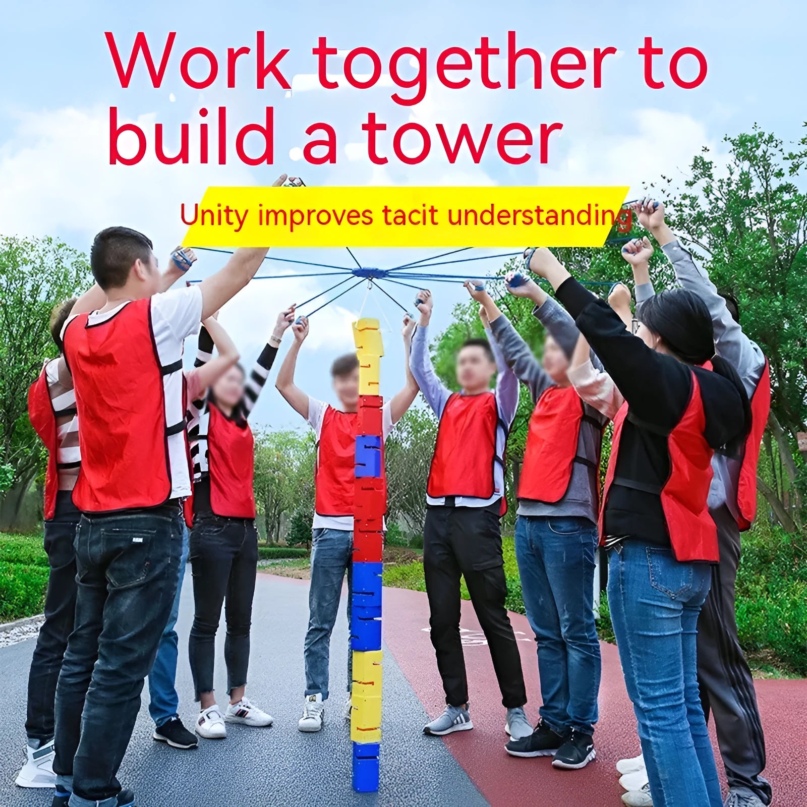 Team building tower block game equipment with pull ropes and multiple colour options for outdoor group activities