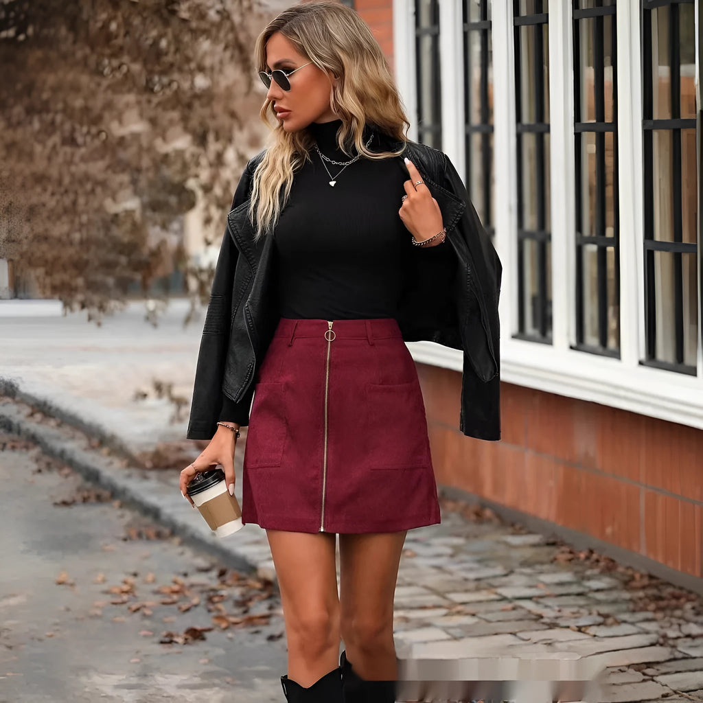 Women's high waist short skirt with stitching detail and side zipper in four colour options