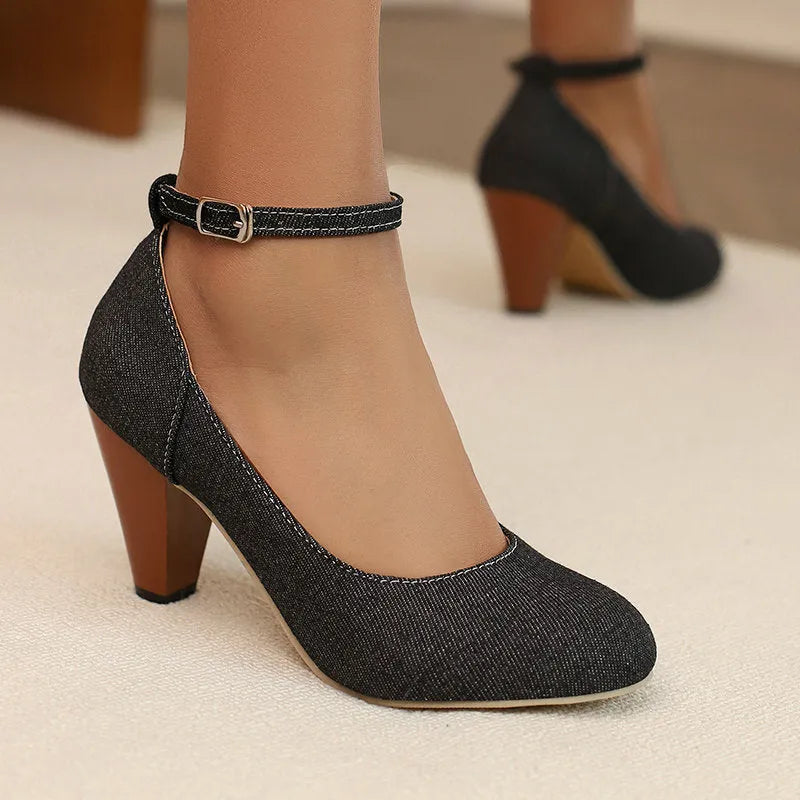 Women's denim fabric high heel platform shoes with buckle, round toe, solid blue colour