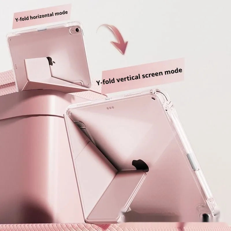 Transparent acrylic iPad protective cover showing magnetic attachment points and built-in viewing bracket