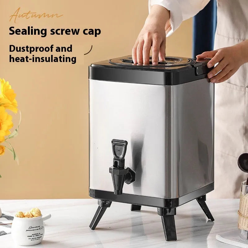 Silver stainless steel milk tea bucket with square lock design showing 8-litre capacity