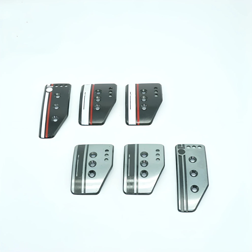 Aluminium alloy manual transmission car pedal set showing brake, accelerator, and clutch