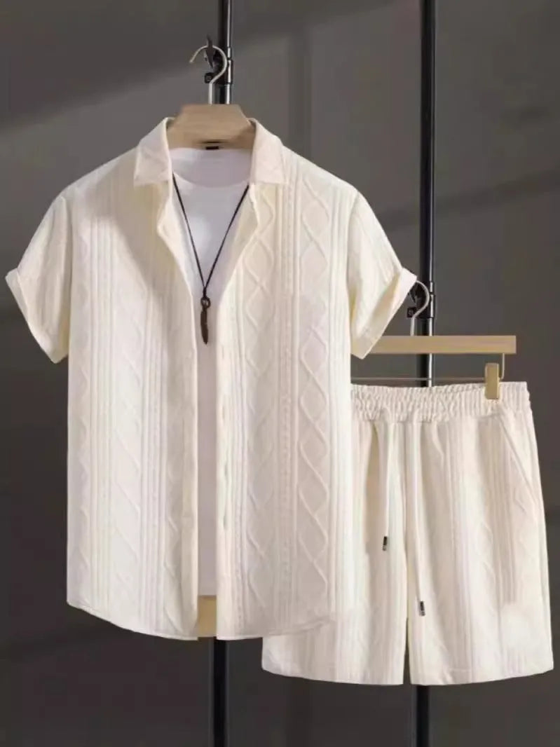 Mens black and white jacquard short sleeve suit set with shorts