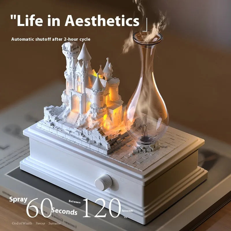 White medieval castle aromatherapy machine with USB charging and ambient light