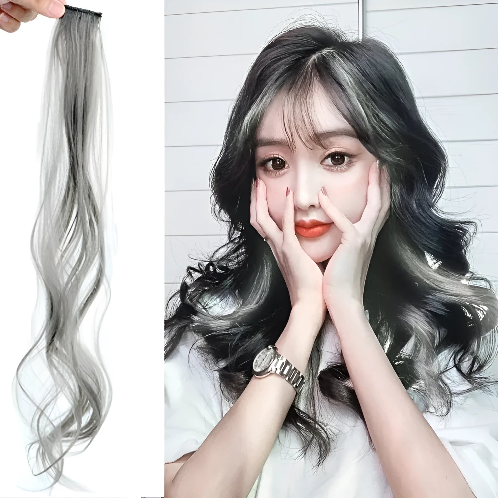 Long curly gradient hair wig patch in mixed silk material measuring 60cm in various colour options