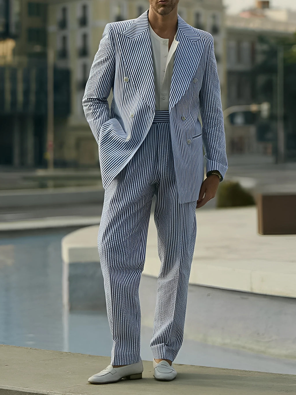 Blue and white striped polyester suit set with blazer and trousers regular fit