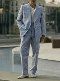 Blue and white striped polyester suit set with blazer and trousers regular fit