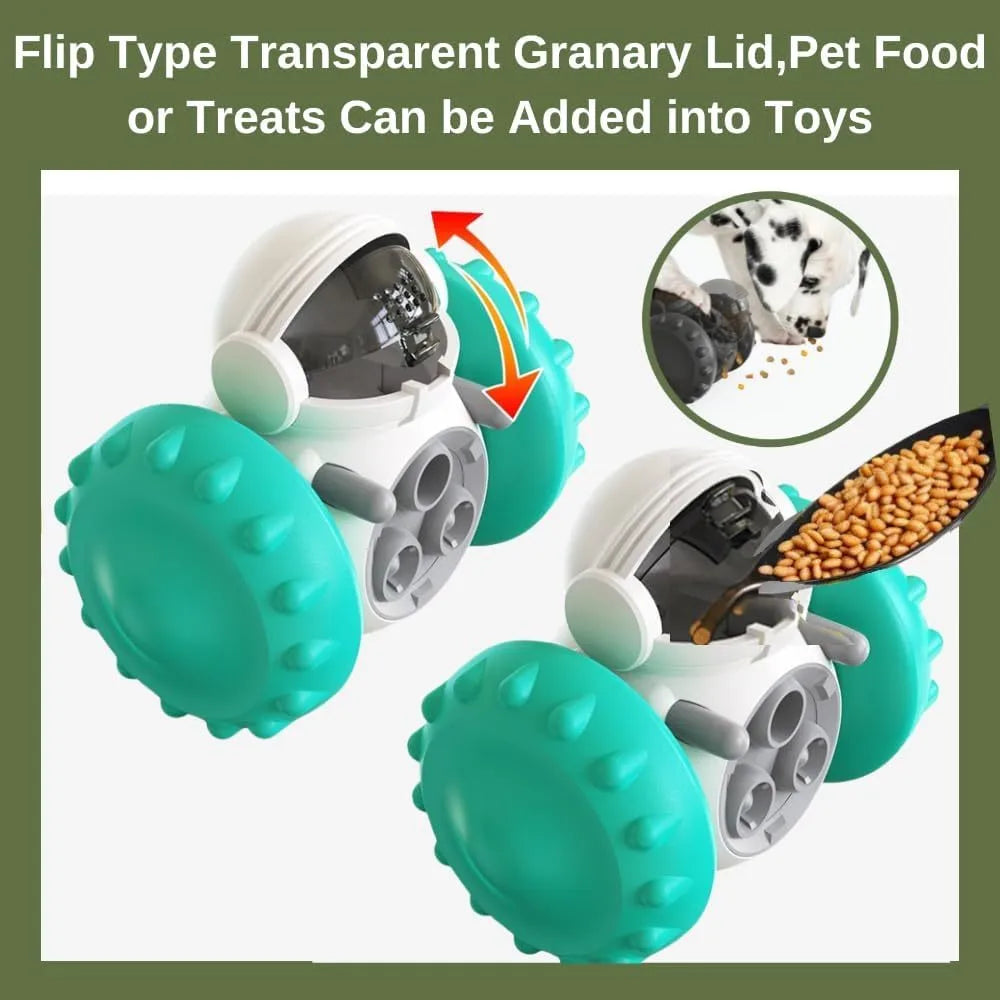 Self-balancing dog treat dispenser toy with robot design in multiple colours for small pets