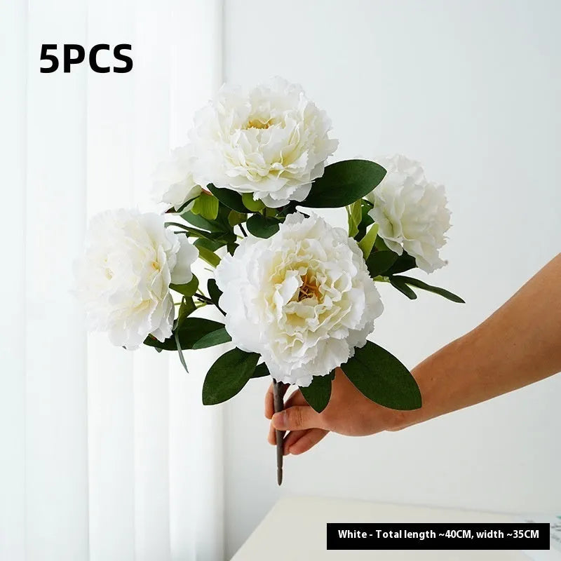 Artificial 5-head peony silk bouquet 40cm in light champagne colour for wedding decor