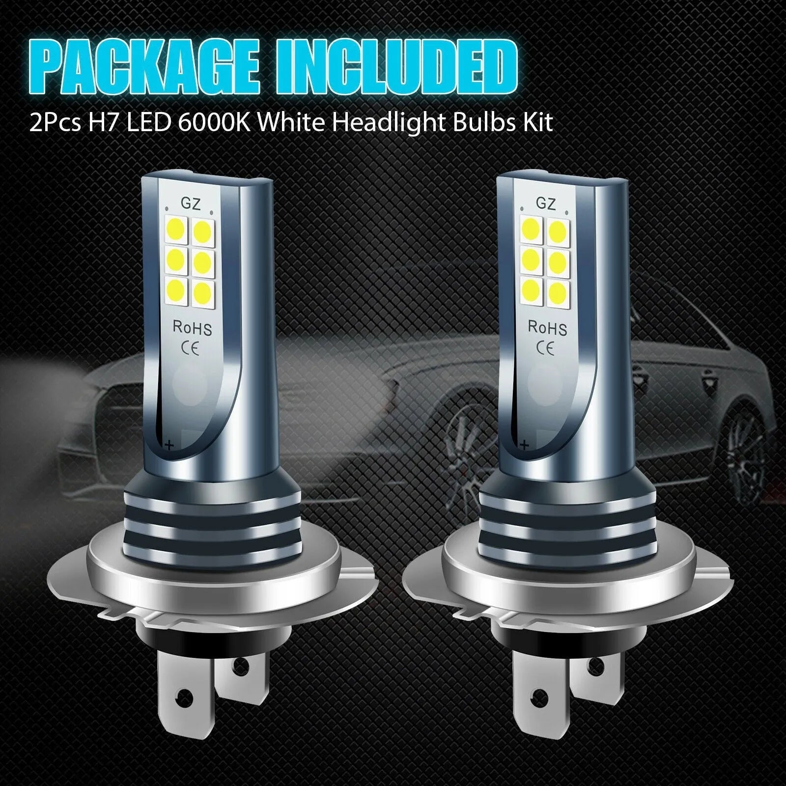 Universal LED car fog light bulb with aviation aluminium housing, showing base connectors for H7, 9005, H11 formats.