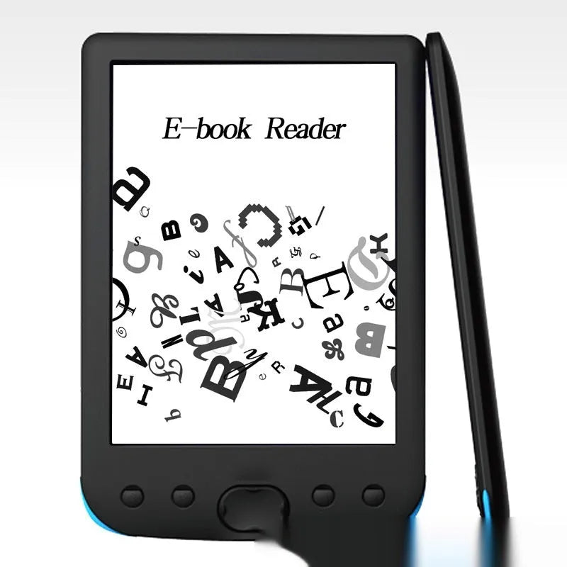 Black 6-inch E-ink e-book reader showing the front screen and body